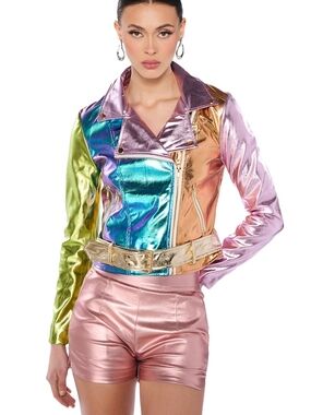 AKIRA Metallic Multi-Color Moto Faux Leather Motorcycle Jacket SZ Med